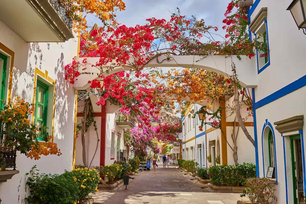 Puerto de Mogán con buganvillas y puerto