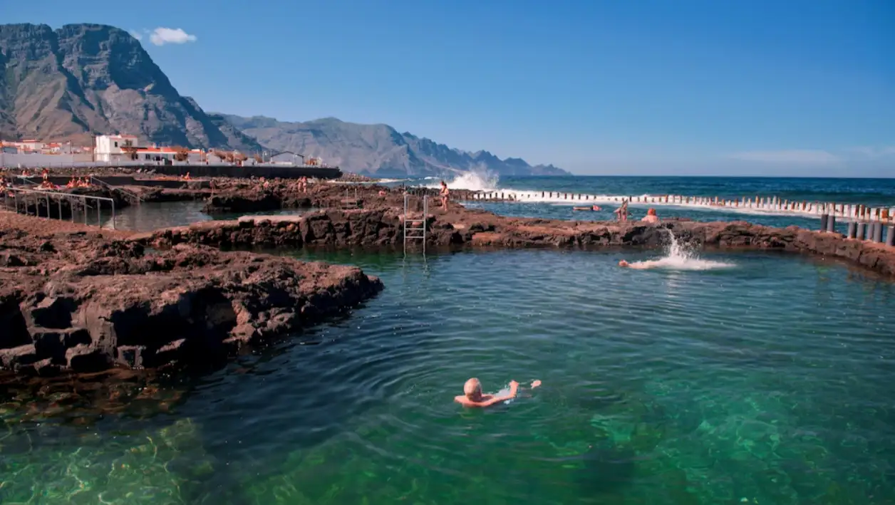 Las Salinas volcanic natural swimming pools with black lava rock and turquoise Atlantic water in Agaete