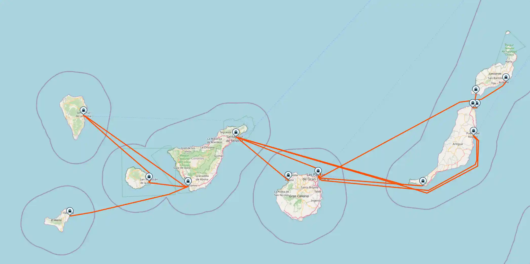 Mapa de rutas de ferry desde Gran Canaria