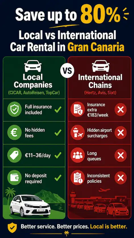 Comparison infographic: Local Canary Islands car rental companies (CICAR, AutoReisen, TopCar) include full insurance, no hidden fees, €11–36/day and no deposit, while international chains (Hertz, Avis, Sixt) charge €183/week extra for insurance, hidden airport surcharges, long queues and apply inconsistent policies — saving up to 80%