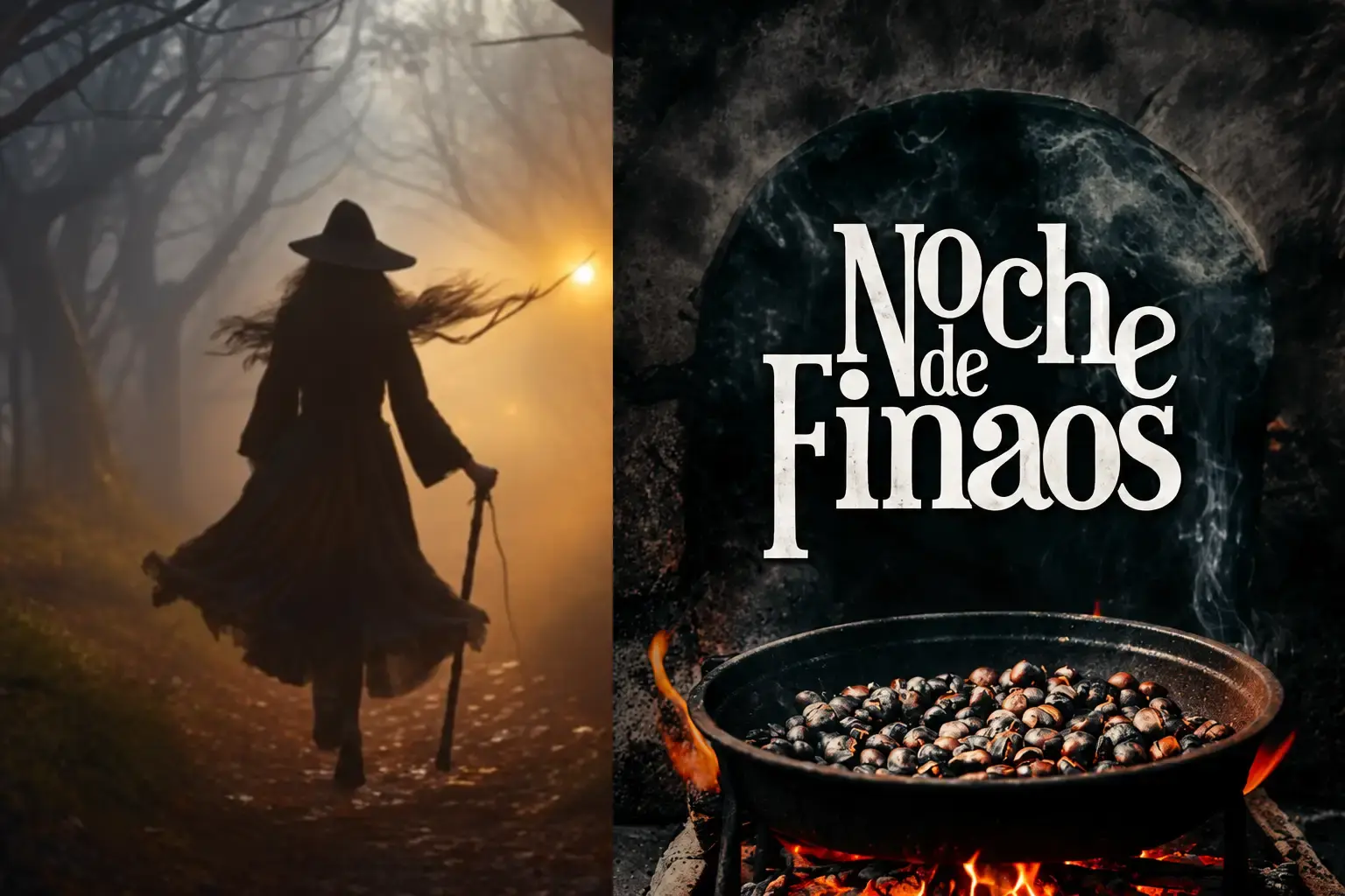 Ilustración de la Noche de Finaos: una figura con sombrero en un bosque de niebla y castañas asándose en un caldero sobre brasas