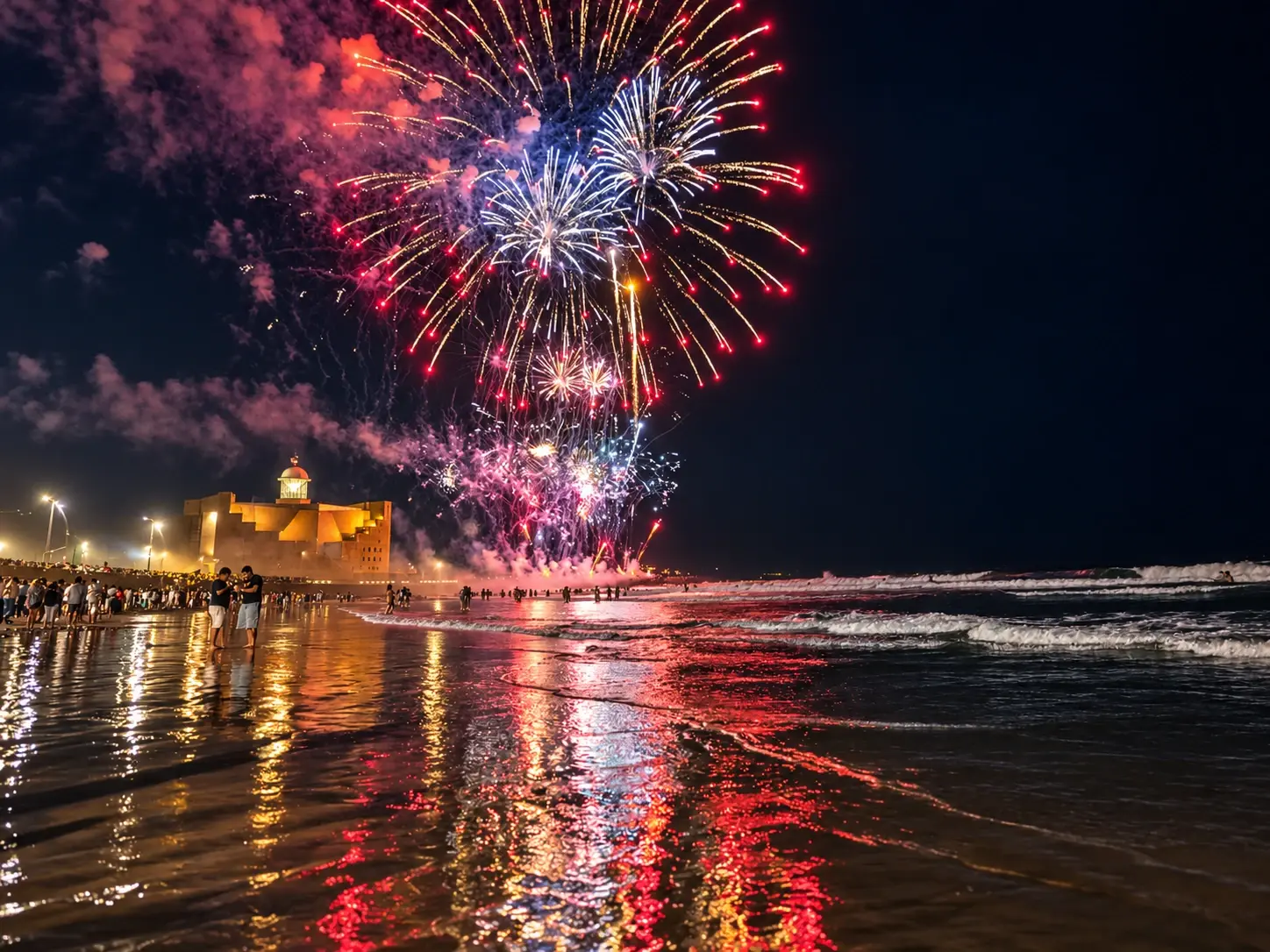 Fireworks over Las Canteras beach at night, with the Auditorio Alfredo Kraus lit up in the background