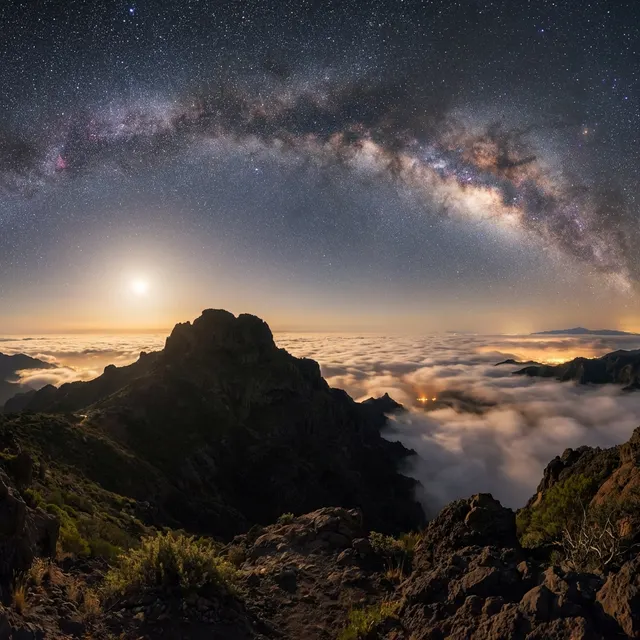 La Vía Láctea sobre el Pico de las Nieves, con el mar de nubes y la luna asomando sobre el horizonte