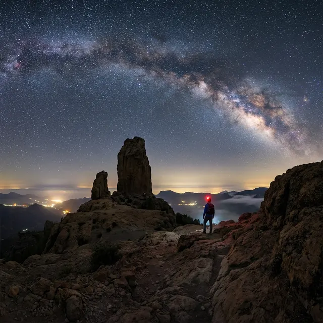 La Vía Láctea sobre el Roque Nublo, con una persona con frontal rojo al pie de la roca