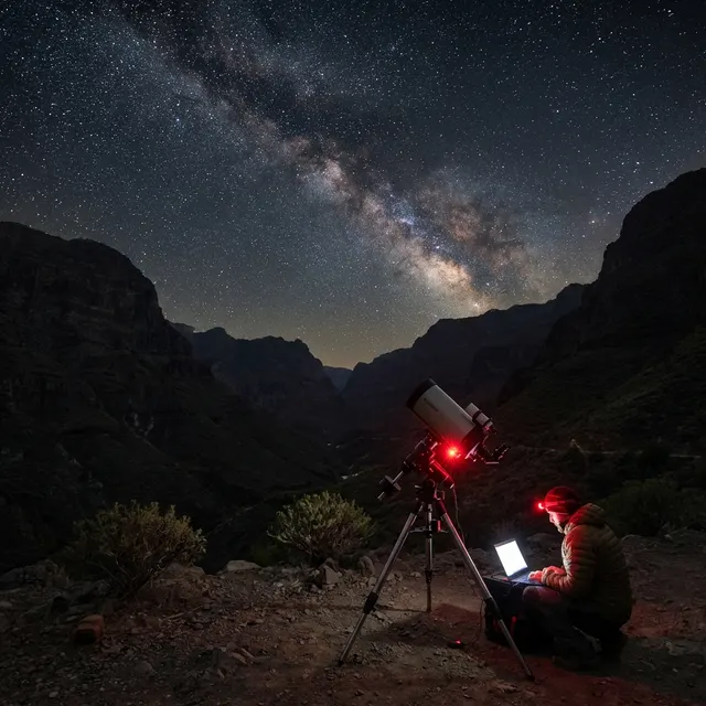 Un observador con telescopio y frontal rojo bajo la Vía Láctea en Tasartico