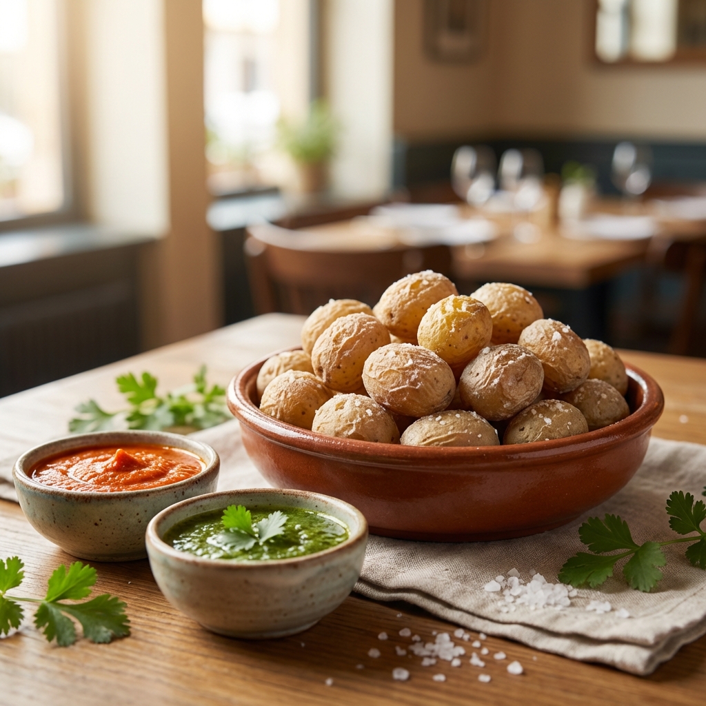Papas Arrugadas con Mojo - Traditional Canarian wrinkled potatoes with red and green mojo sauce