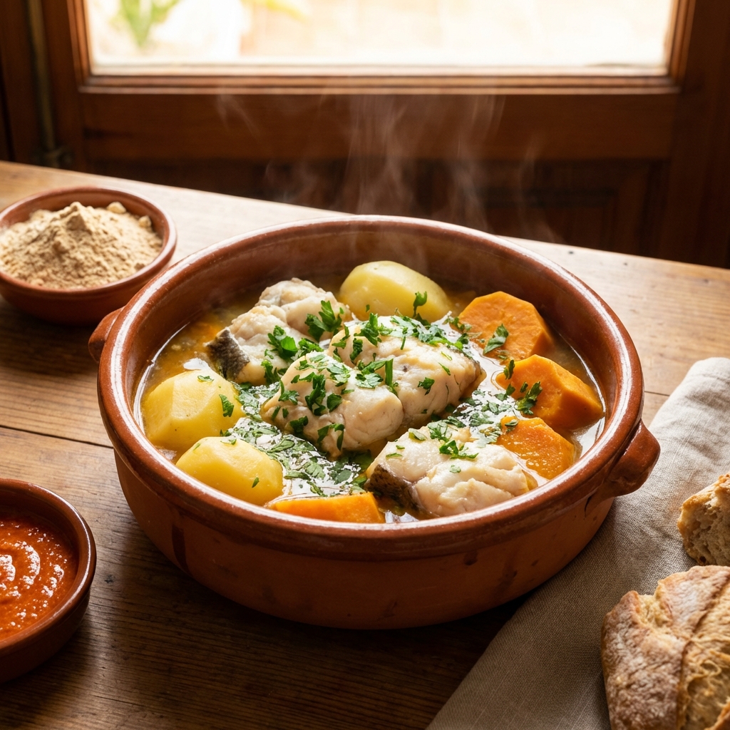Sancocho Canario - Traditional Canarian fish stew in clay pot