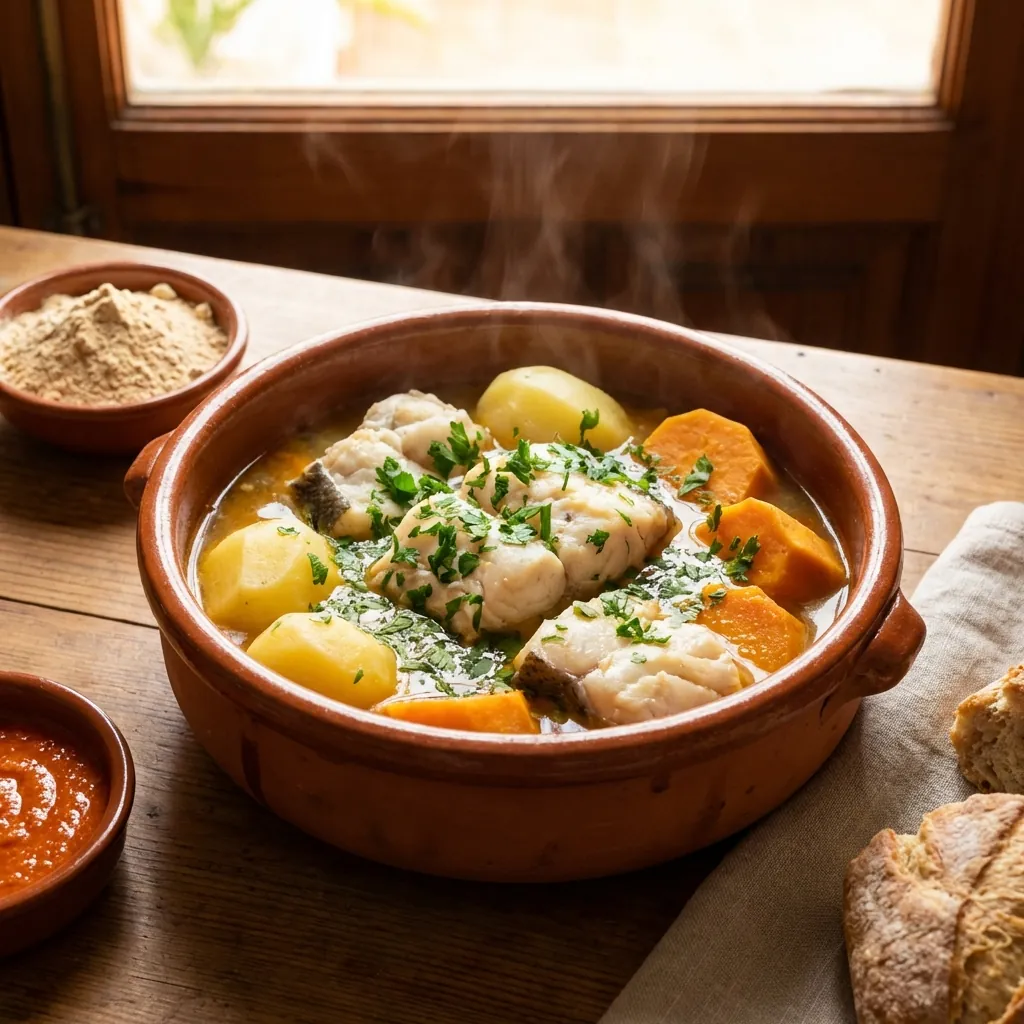 Sancocho canario servido con batata y gofio